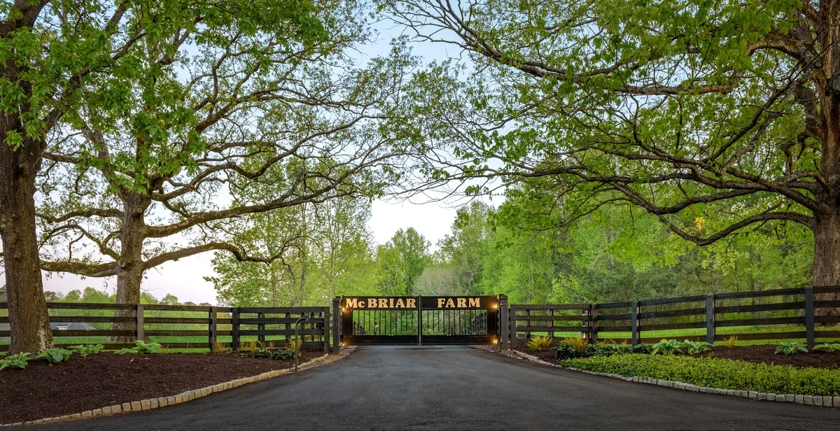 Tree-lined entrance and McBriar Farm gate